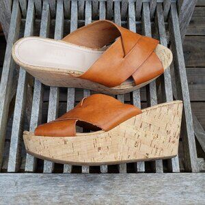 Garnet Hill Leather Cork Heeled Wedge Sandals - 9